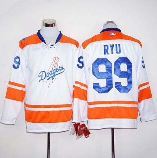 Dodgers #99 Hyun-Jin Ryu White/Orange Long Sleeve Stitched MLB Jersey